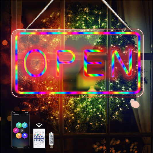 Dreamcolor LED Open Sign,16"x9" RGB LED Open Sign for Business,Powered by USB with RGB Mode Change Controller,Color Changing & Scrolling and Flashing Modes,APP Remote Control LED Open Sign for Store,Bar,Hotel,Door or Window Display