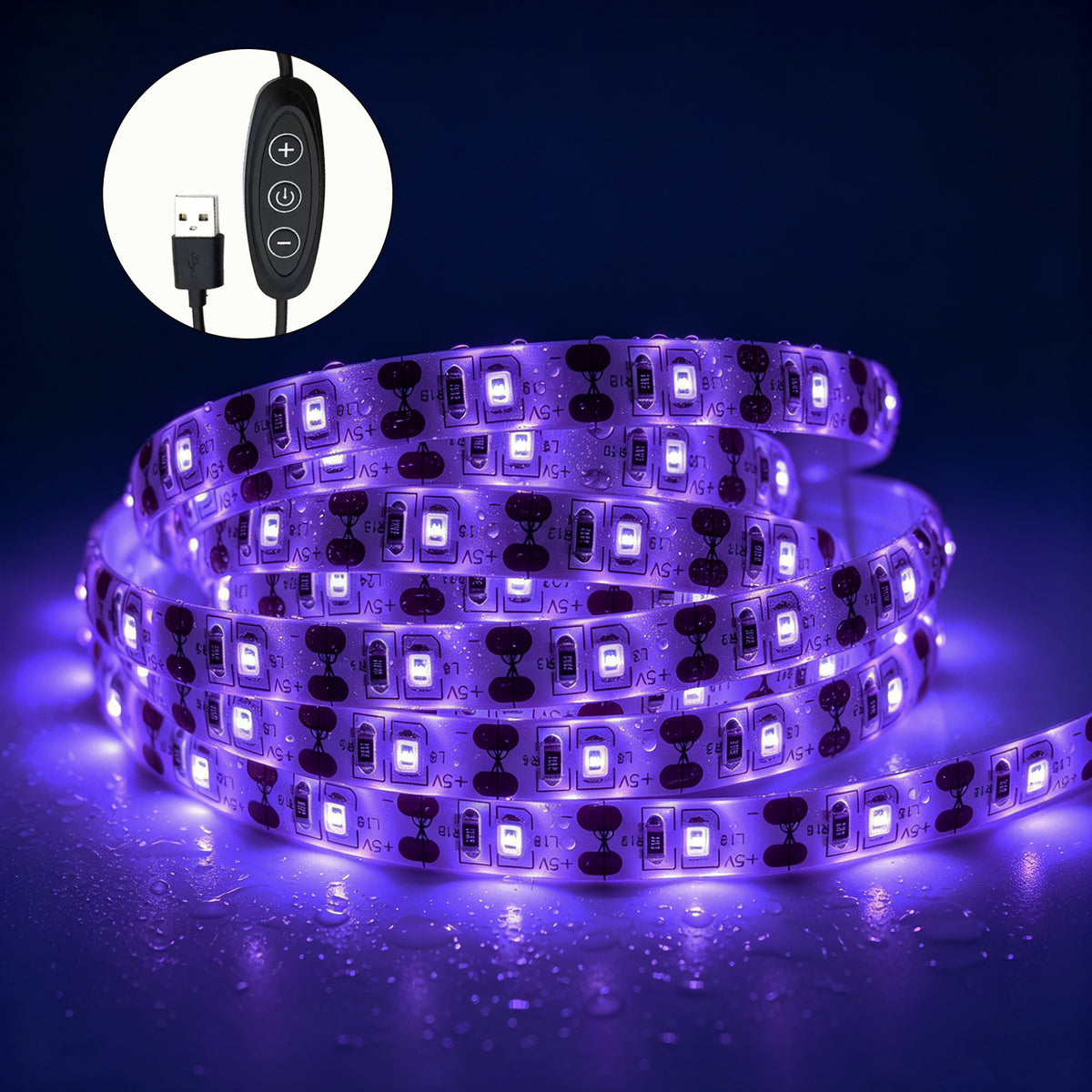 395nm UV LED Light Strip 6.6FT (2M), USB 5V 2A Black Light Strip, 60 LEDs/M, IP65 Waterproof, 5-Level Dimmable UV Strip Lights for Glow Party, Fluorescent Posters, Halloween Decorations