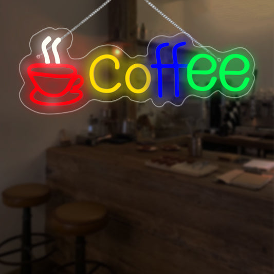 Coffee LED Neon Sign By USB - Adjustable Brightness with ON/Off Switch , Wall Decor LED Sign for Café Shops, Restaurants & Food Trucks