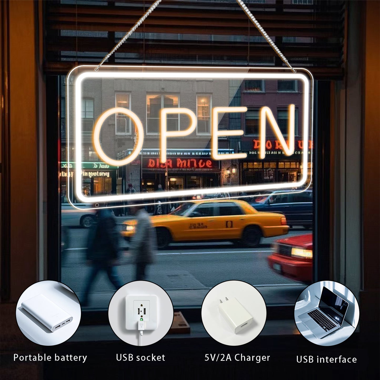 LED Open Signs for Business by USB ，Adjustable Brightness Open Signs with ON/OFF Switch for Stores, Coffee Shop,Flower shop, Hotel,Bars, Window etc,16x9in,Warm White(Outside Edge Cool White)