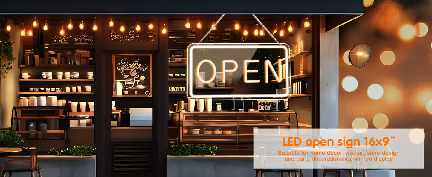LED Open Signs for Business by USB ，Adjustable Brightness Open Signs with ON/OFF Switch for Stores, Coffee Shop,Flower shop, Hotel,Bars, Window etc,16x9in,Warm White(Outside Edge Cool White)