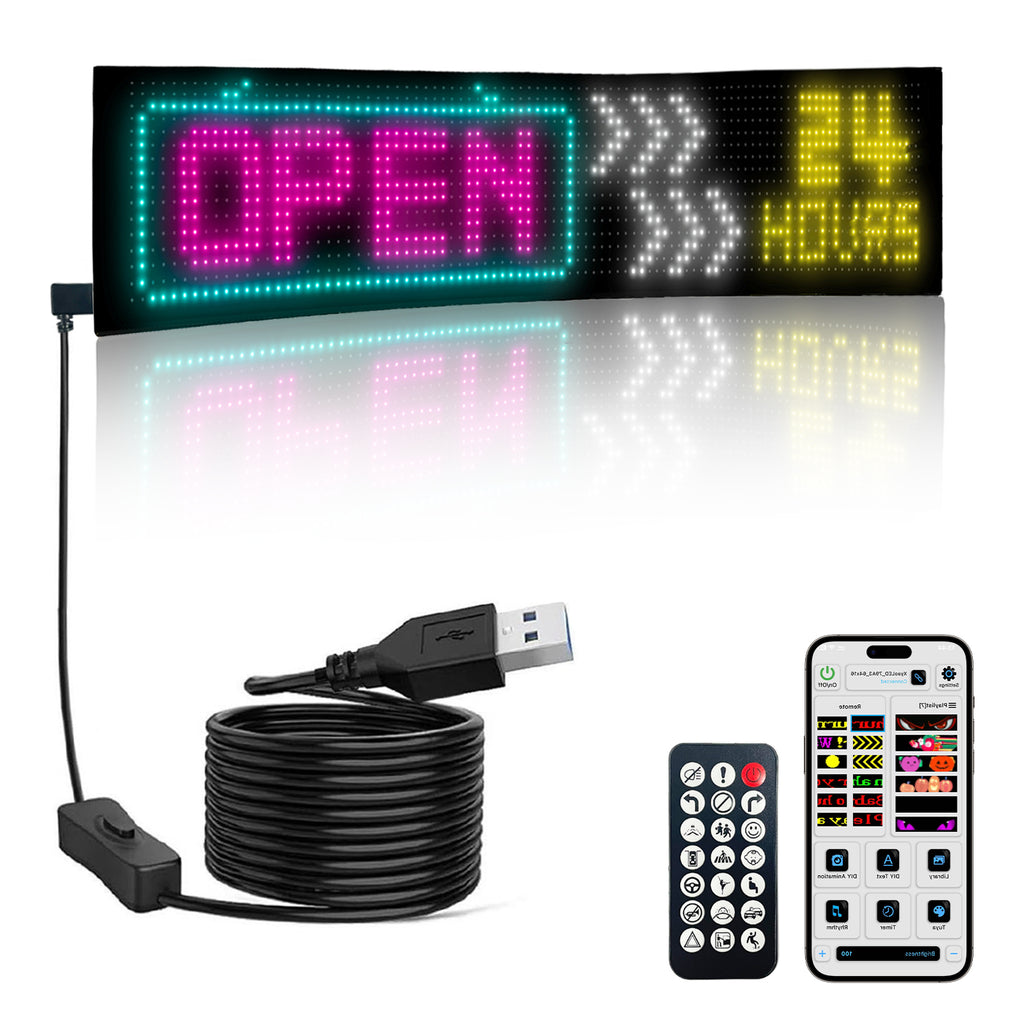 Flexible LED Scrolling Sign, APP Controlled Waterproof IP65 Advertising Sign by USB,Custom Text & Patterns Color Changing Programmable LED Display for Car , Indoor , Store , Concerts（15"×4" ）