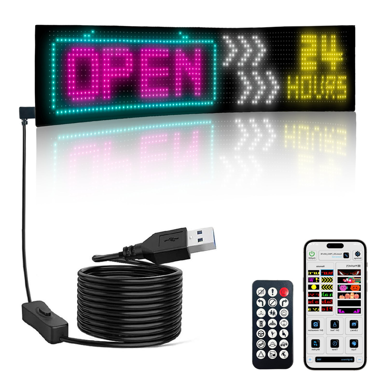 Flexible LED Scrolling Sign, APP Controlled Waterproof IP65 Advertising Sign by USB,Custom Text & Patterns Color Changing Programmable LED Display for Car , Indoor , Store , Concerts（15"×4" ）