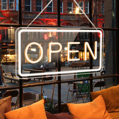 LED Open Signs for Business by USB ，Adjustable Brightness Open Signs with ON/OFF Switch for Stores, Coffee Shop,Flower shop, Hotel,Bars, Window etc,16x9in,Warm White(Outside Edge Cool White)