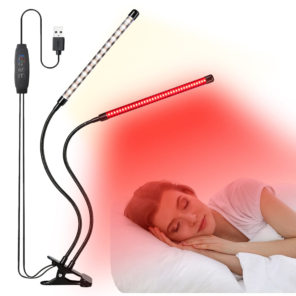 Dual Head Sleep Aid Lamp with 660nm Red Light & Warm White, USB Clip On Reading Light, Dimmable Bedside Lamp with 3H/9H/12H Timer for Bedroom Headboard Desk