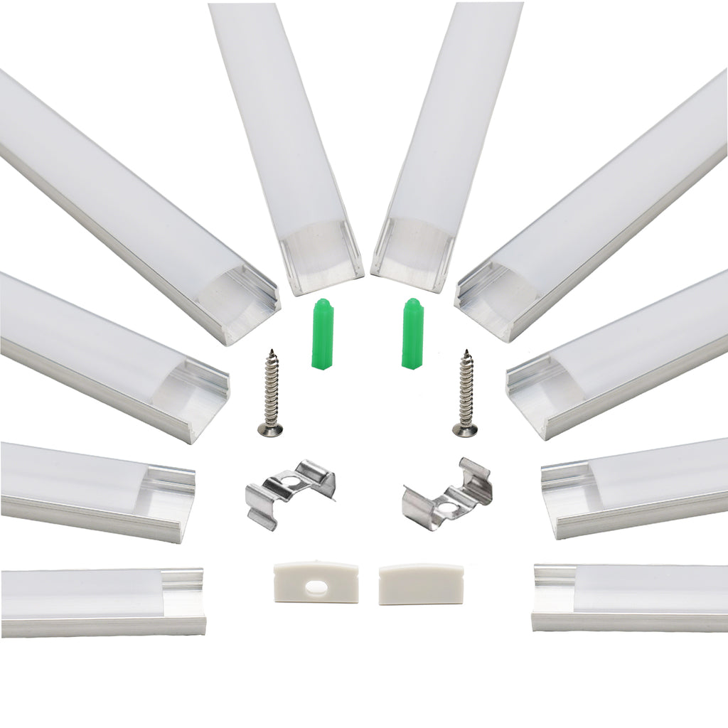 10 Pack LED Aluminum Channel System 3.3FT/1M U Shape LED Strip Diffuser Channel with Milky White Cover, End Caps & Mounting Clips, Silver Aluminum Profile for Under Cabinet, Closet, Kitchen Lighting, Fits LED Strips up to 12.5mm