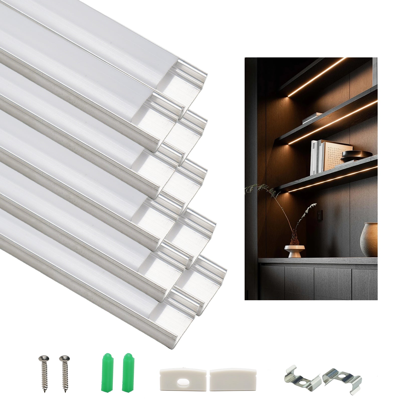 10 Pack LED Aluminum Channel System 6.6FT/2M U Shape LED Strip Channel with Milky White Diffuser Cover, Silver Aluminum Profile Housing, End Caps & Mounting Clips, Fits LED Strips up to 12.5mm Wide