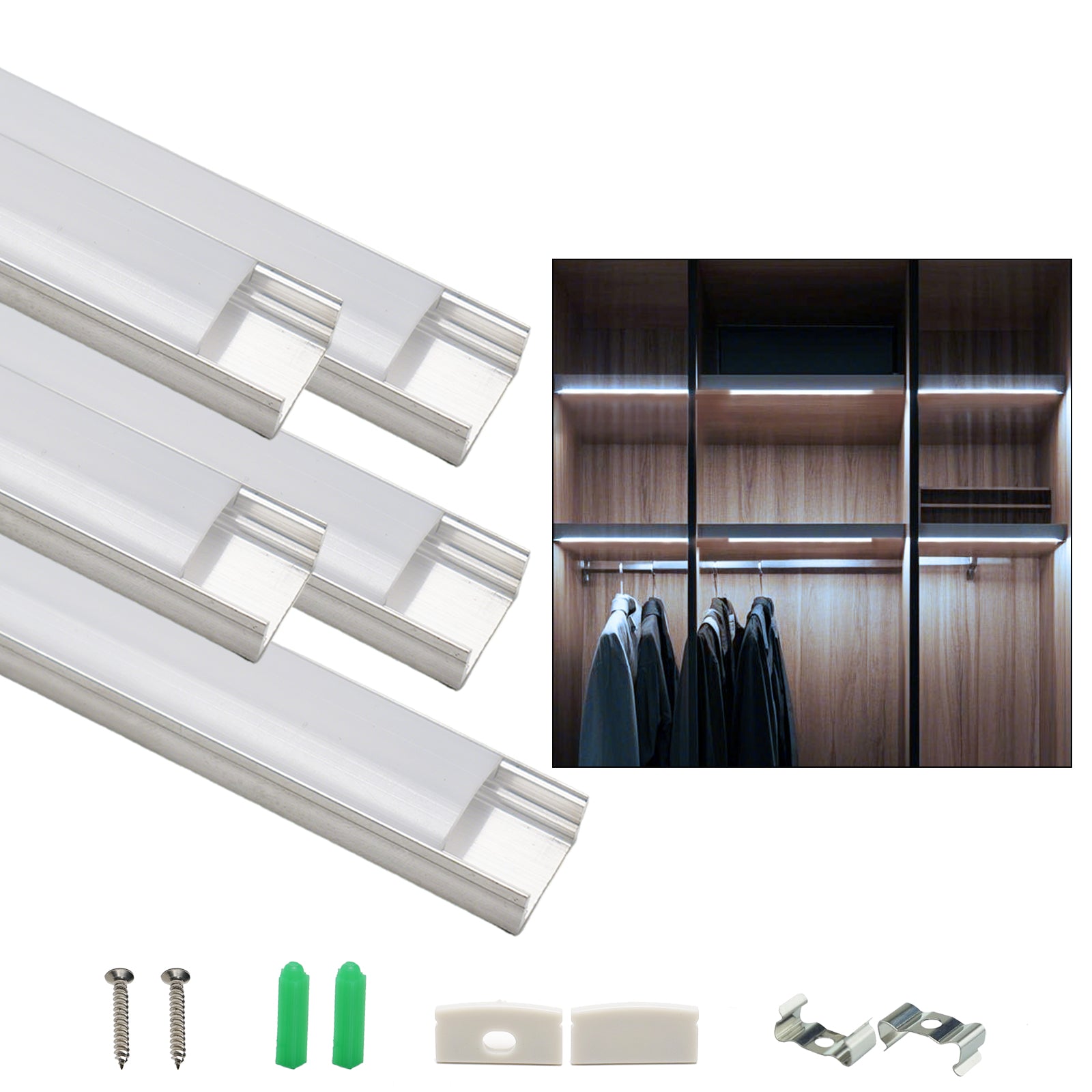 LED Aluminum Channel System 19.69 Inch/50cm U Shape LED Strip Diffuser Channel with Milky White Cover, End Caps & Mounting Clips, Silver Aluminum Profile for Cabinet, Closet, Shelf, Kitchen Lighting,5 Pack
