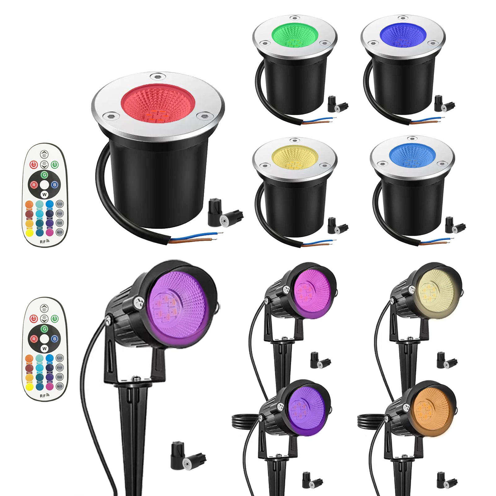 10 Pack RGBW LED Landscape Lights (5 Spike + 5 In-ground), 3W Low Voltage IP67 Waterproof Outdoor Lighting Kit with Remote Control, 16 Colors & 4 Modes Pathway Yard Garden Spotlights