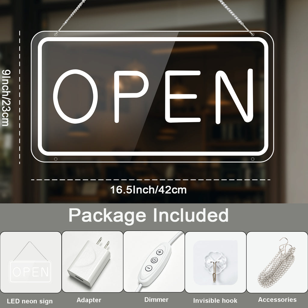 LED Open Sign for Business, USB Powered, Adjustable Brightness,  Cool White, 42x22.5cm, for Stores, Cafes, Bars, Hotels, Window Display