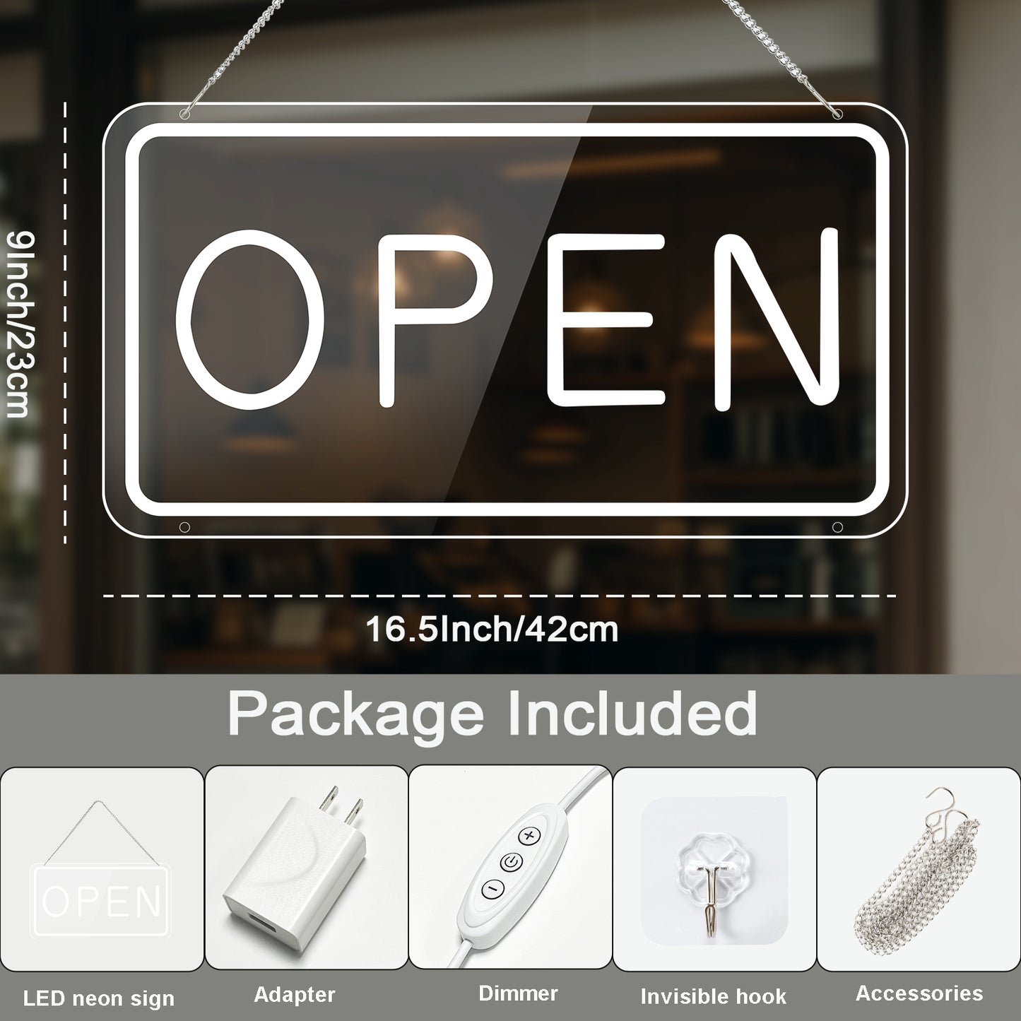 LED Open Sign for Business, USB Powered, Adjustable Brightness,  Cool White, 42x22.5cm, for Stores, Cafes, Bars, Hotels, Window Display