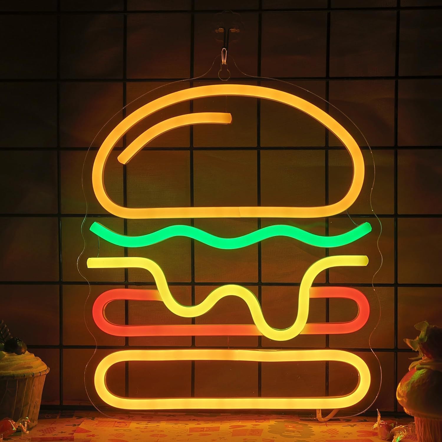 LED Neon Hamburger Sign By USB - Adjustable Brightness with ON/Off Switch , Wall Decor LED Sign for Food store restaurant snack shop.22.3cm/8.78"x 26.6cm/10.47"
