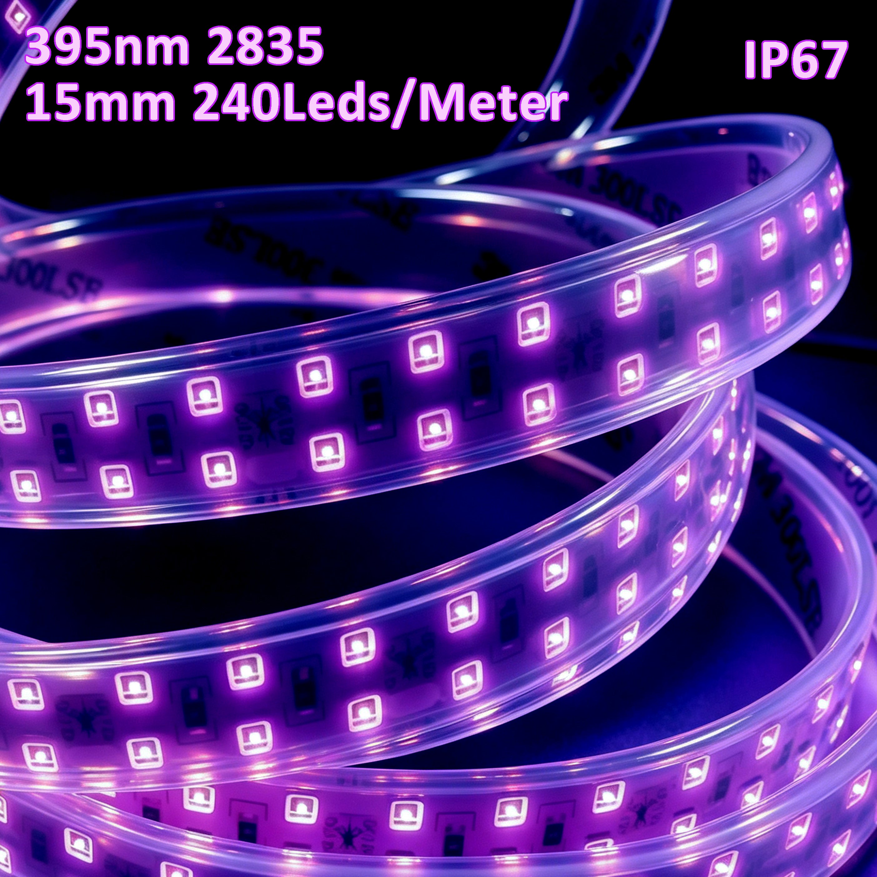 395nm UV LED Strip Light, 12V 5M（16.4FT) 240LEDs/M High Density SMD2835, 15mm Wide, IP67 Waterproof Flexible Black Light Strip for Resin Curing, Fluorescent Party, Stage Fluorescent Lighting