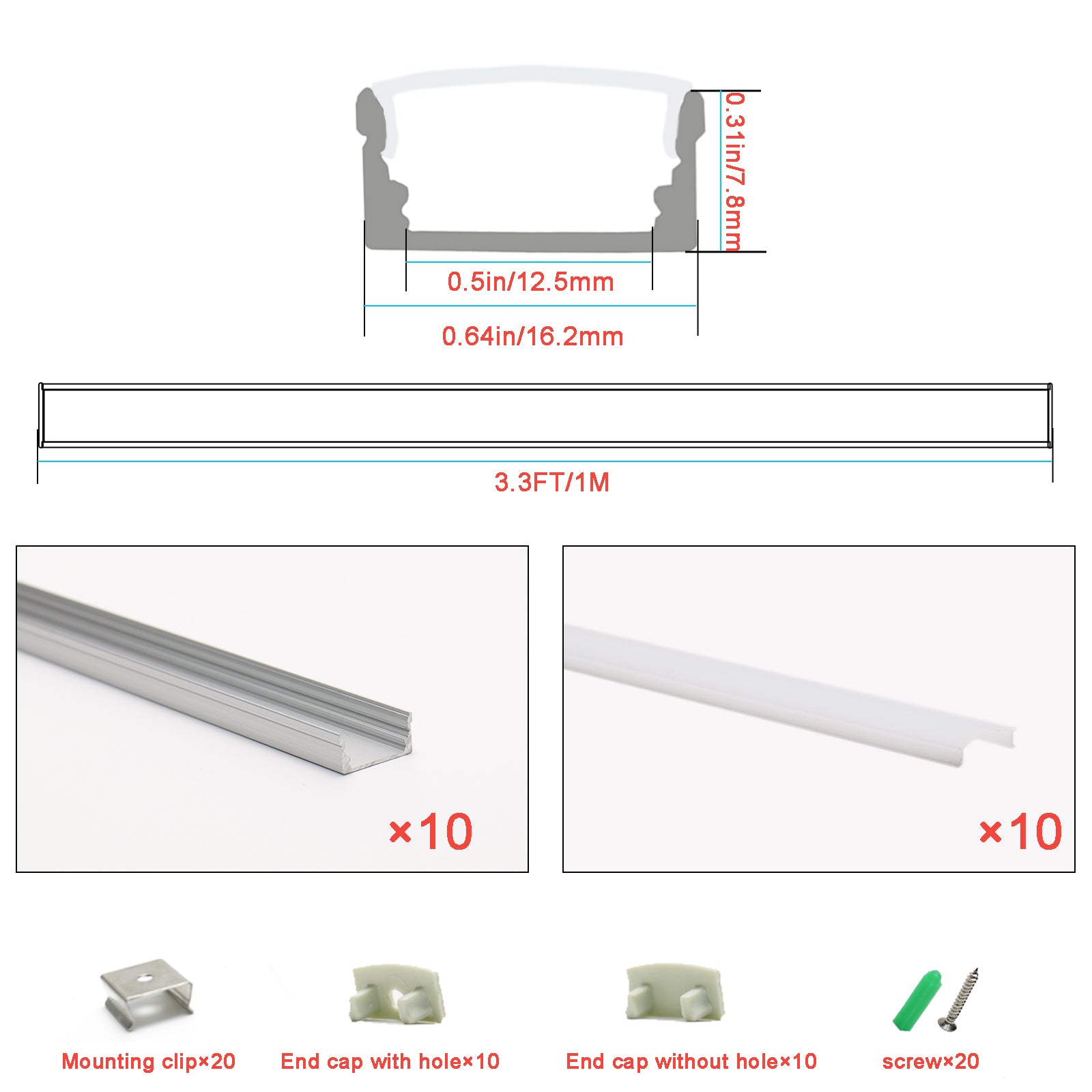 10 Pack LED Aluminum Channel System 3.3FT/1M U Shape LED Strip Diffuser Channel with Milky White Cover, End Caps & Mounting Clips, Silver Aluminum Profile for Under Cabinet, Closet, Kitchen Lighting, Fits LED Strips up to 12.5mm