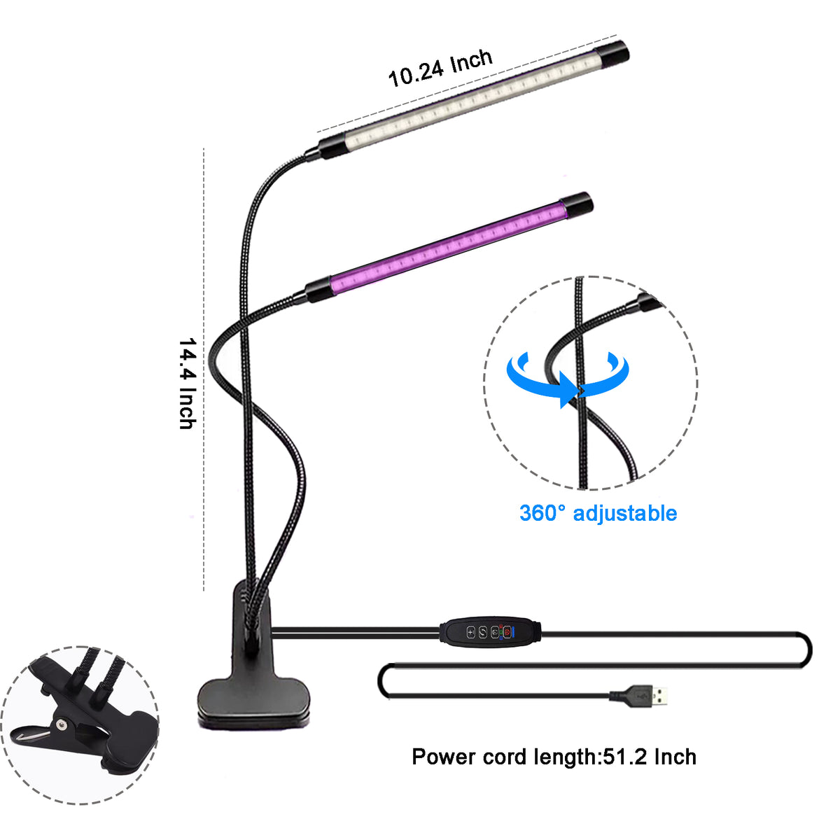 Dual Head UV LED Clip Lamp, UV Resin Curing Light & Natural White Desk Light, USB Powered 5V Dimmable Clamp Lamp with 3 Lighting Modes for Resin Crafts, DIY Curing & Desk Lighting