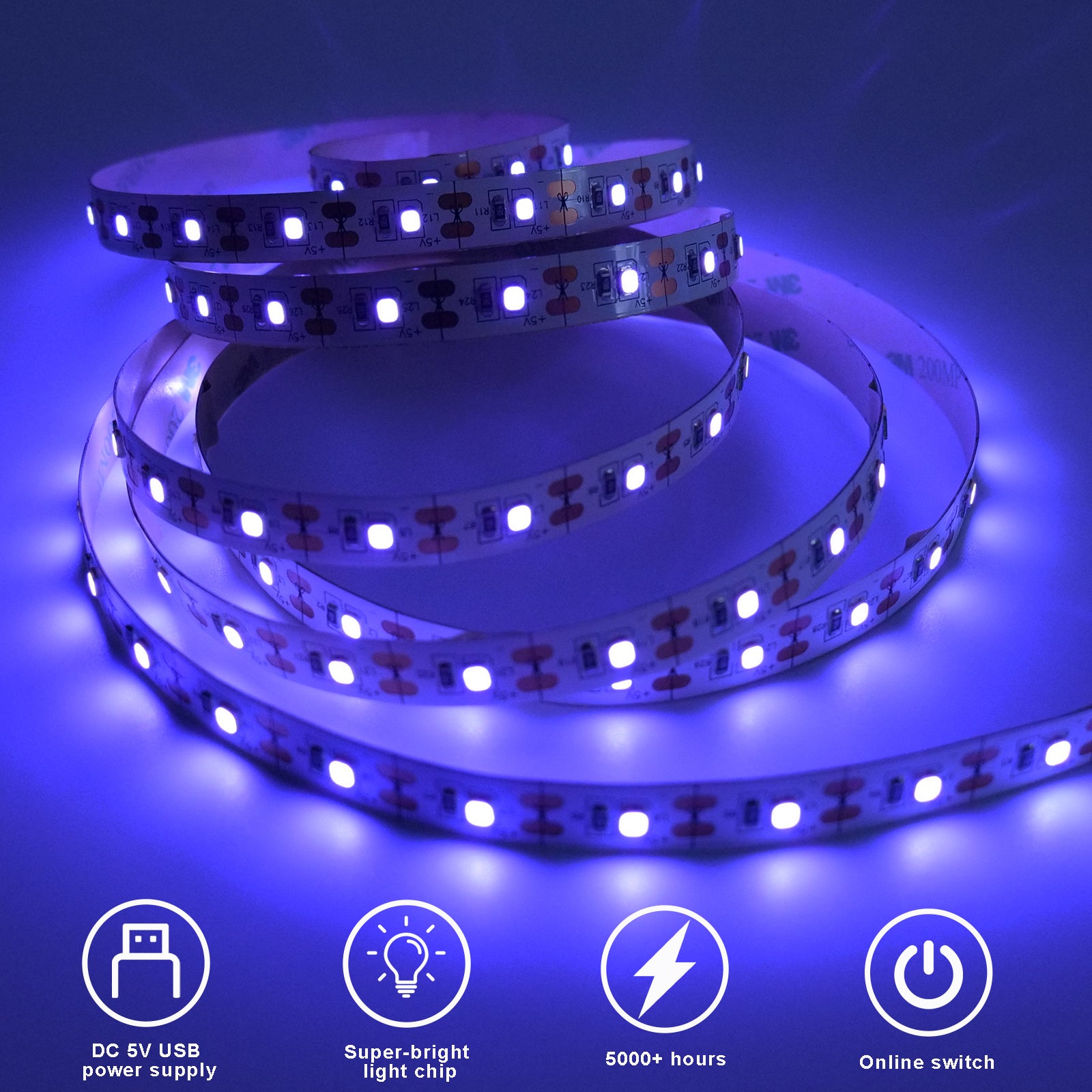 395nm UV Black Light LED Strip 6.6FT (2M), USB Powered Blacklight Strip, 120 LEDs High Brightness, Flexible & Cuttable, Glow in The Dark Lights for Room, Party, TV Backlight, Halloween Decor
