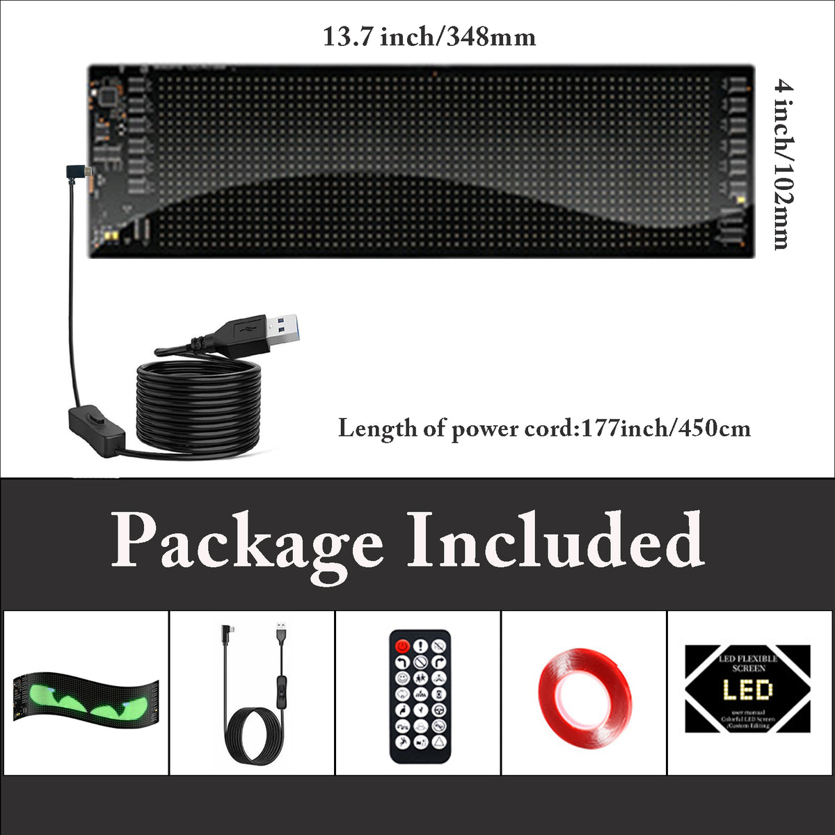 Flexible LED Display Sign 13.7"×4", Programmable Scrolling LED Sign Board with APP & Remote Control, DIY Text & Patterns, IP65 Waterproof LED Screen for Car, Taxi, Restaurant, Party, Event