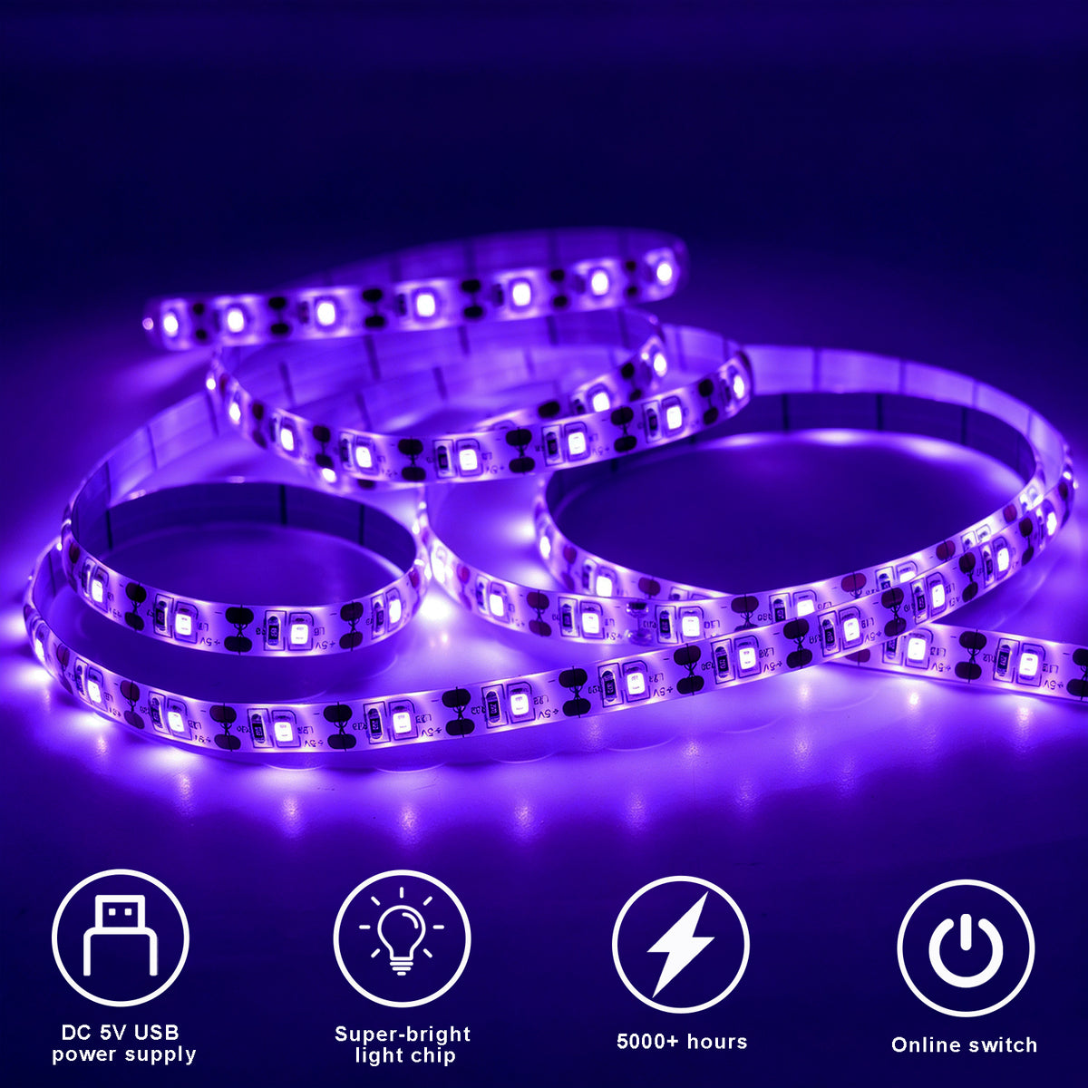 395nm UV LED Light Strip 6.6FT (2M), USB 5V 2A Black Light Strip, 60 LEDs/M, IP65 Waterproof, 5-Level Dimmable UV Strip Lights for Glow Party, Fluorescent Posters, Halloween Decorations