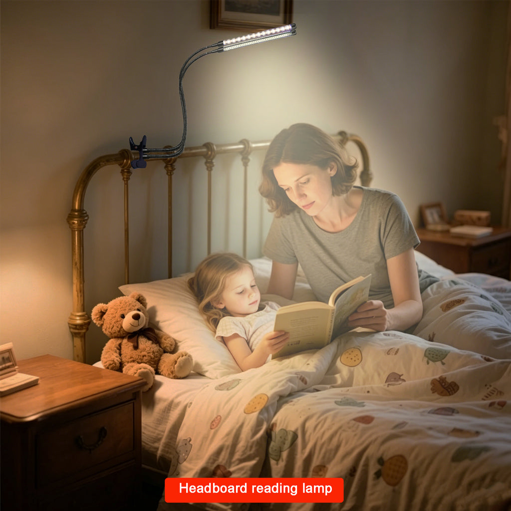 Dual Head Sleep Aid Lamp with 660nm Red Light & Warm White, USB Clip On Reading Light, Dimmable Bedside Lamp with 3H/9H/12H Timer for Bedroom Headboard Desk