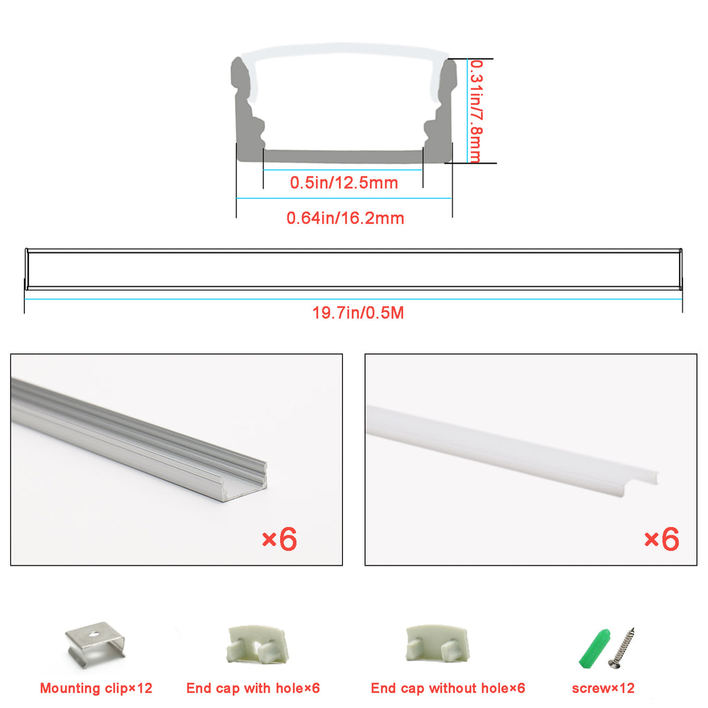 LED Aluminum Channel System 19.69 Inch/50cm U Shape LED Strip Diffuser Channel with Milky White Cover, End Caps & Mounting Clips, Silver Aluminum Profile for Cabinet, Closet, Shelf, Kitchen Lighting,5 Pack