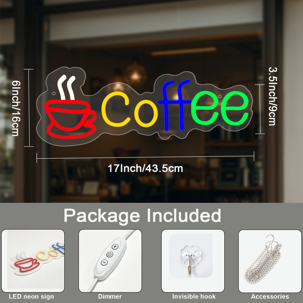 Coffee LED Neon Sign By USB - Adjustable Brightness with ON/Off Switch , Wall Decor LED Sign for Café Shops, Restaurants & Food Trucks