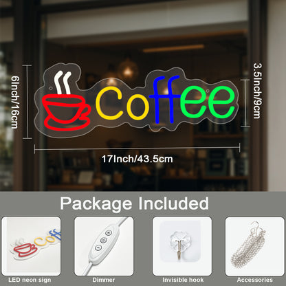 Coffee LED Neon Sign By USB - Adjustable Brightness with ON/Off Switch , Wall Decor LED Sign for Café Shops, Restaurants & Food Trucks