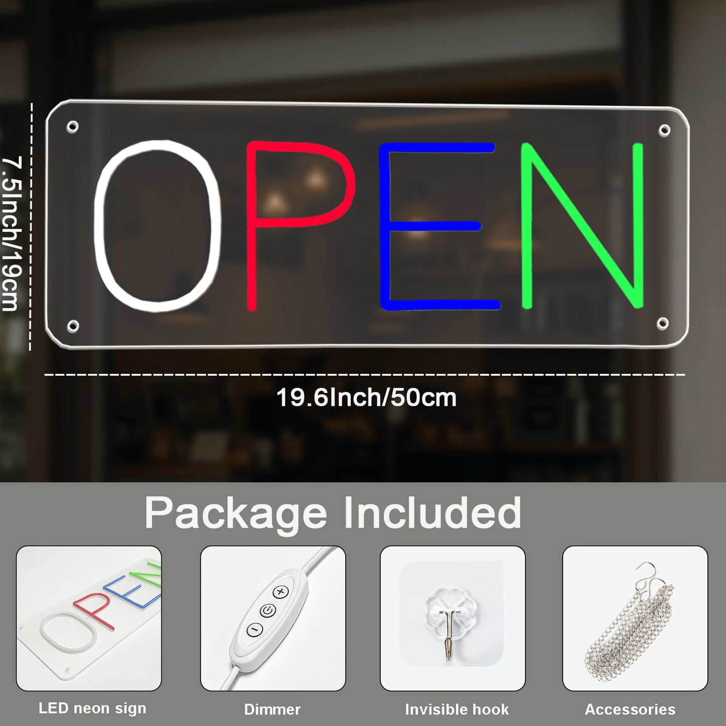 Neon Open Sign by USB ,50×19cm LED Business Sign with 5 Brightness Levels, Vibrant Open Sign LED for Shops, Cafés, Bars & Restaurants