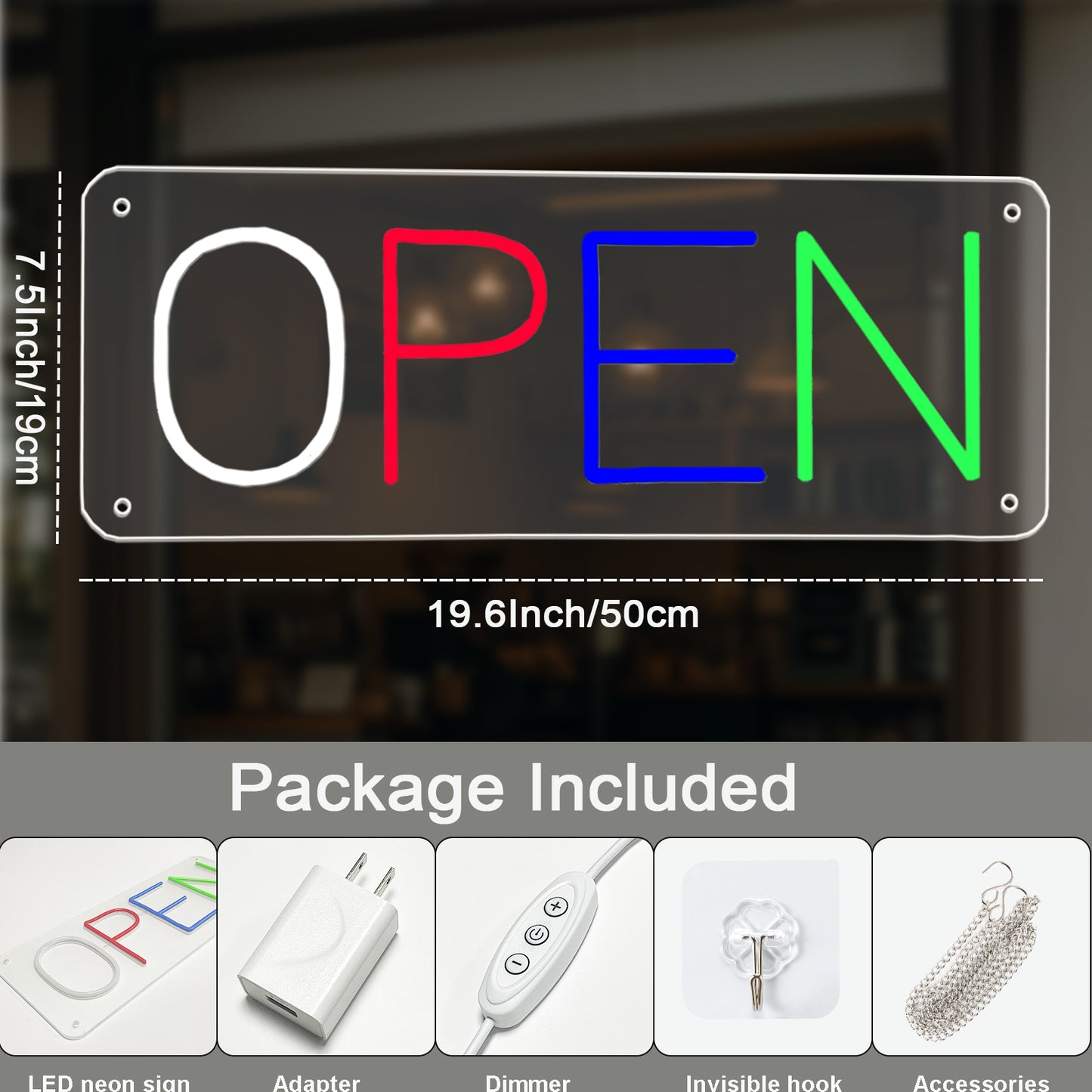Neon Open Sign by USB ,50×19cm LED Business Sign with 5 Brightness Levels, Vibrant Open Sign LED for Shops, Cafés, Bars & Restaurants