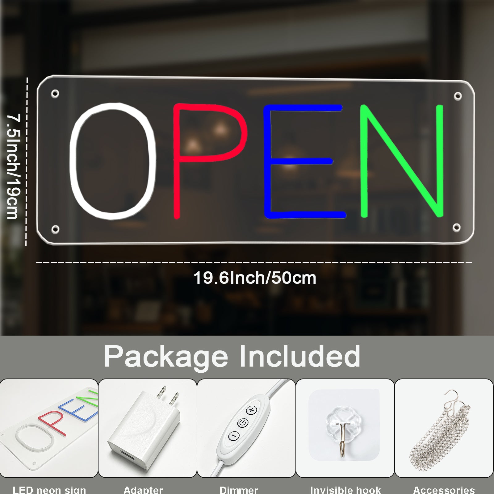 Neon Open Sign by USB ,50×19cm LED Business Sign with 5 Brightness Levels, Vibrant Open Sign LED for Shops, Cafés, Bars & Restaurants