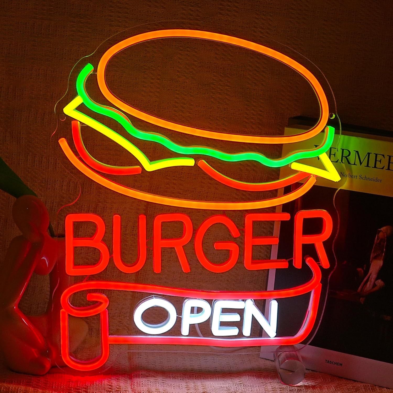 LED Neon Hamburger Sign By USB - Adjustable Brightness with ON/Off Switch , Wall Decor LED Sign for Food store restaurant snack shop.32cm/12.6"x 38cm/15"