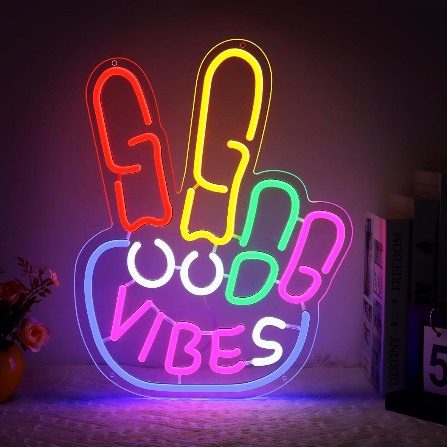 LED Neon Good Vibes Sign By USB - Adjustable Brightness With ON/Off Switch , Wall Decor LED Sign for Dormitory Home Atmosphere Decoration.33cm/13"x 43cm/16.9"