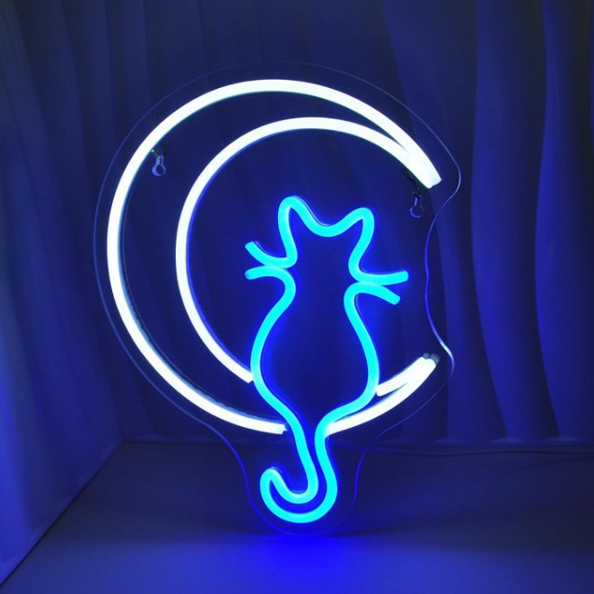 LED Neon moon cat sign, adjustable brightness, with switch, suitable for home decoration, shops, etc., two colors,35cm/13.78"x 27.5cm/10.83"