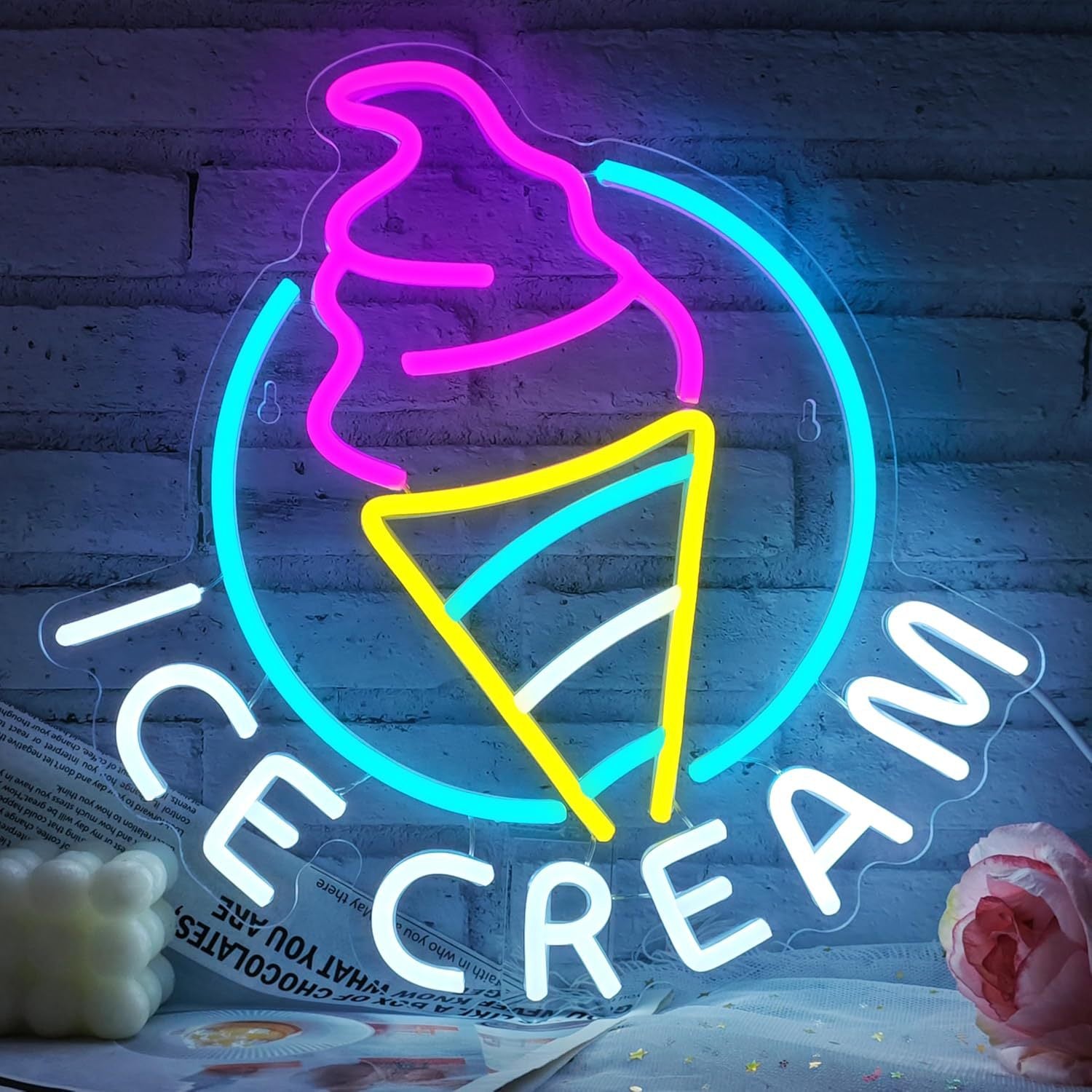 LED Neon Ice Cream Sign By USB - Adjustable Brightness with ON/Off Switch , Wall Decor LED Sign for Shopping malls, Supermarkets, Cold Drink Shops, etc.,35cm/13.78"x 34cm/13.39"