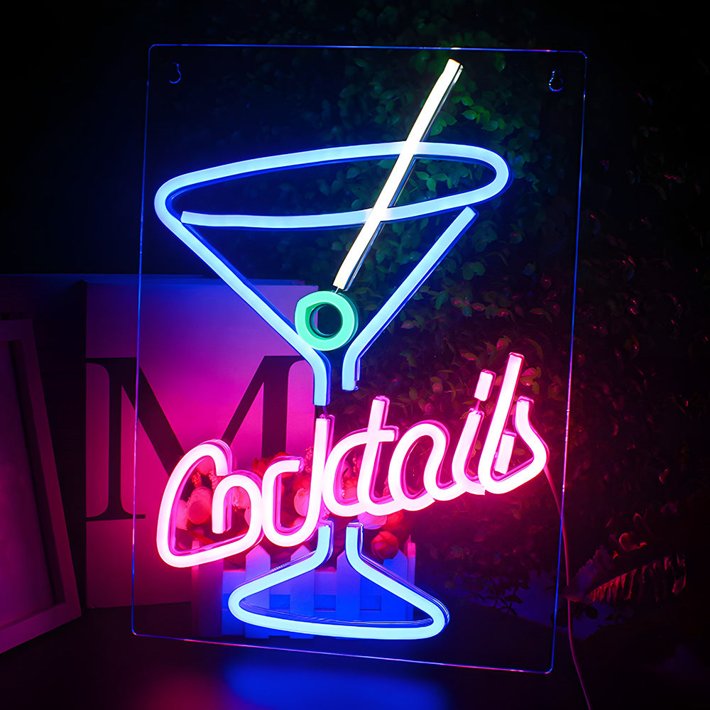 Commercial neon cocktail sign, adjustable brightness, with switch, suitable for shops, hotels, bars, etc., four colors, 36cm/14.17"x 25cm/9.84"