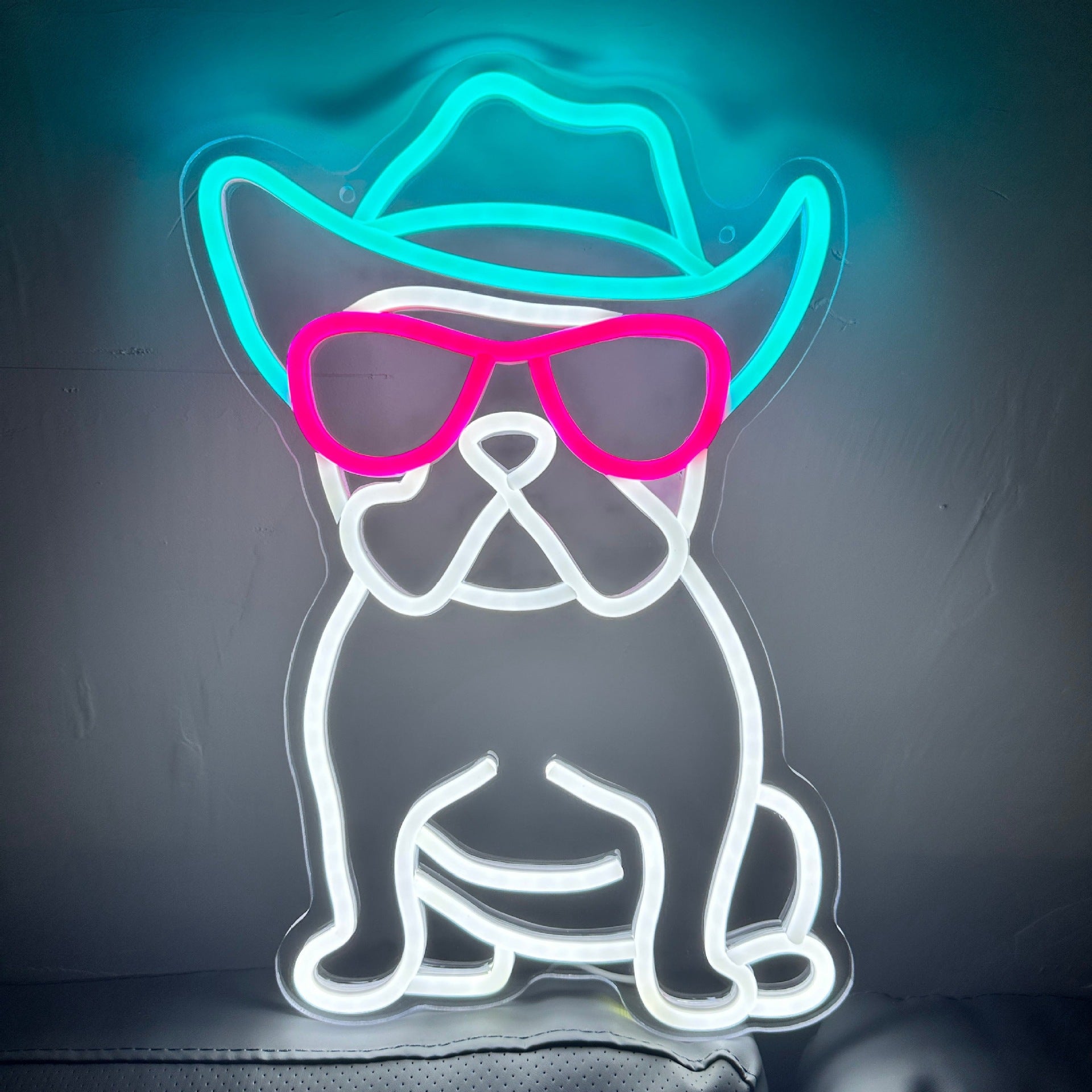 LED Neon white bulldog sign, adjustable brightness, with switch, suitable for home decoration, shops, etc., three colors,37cm/14.57"x 26cm/10.24"