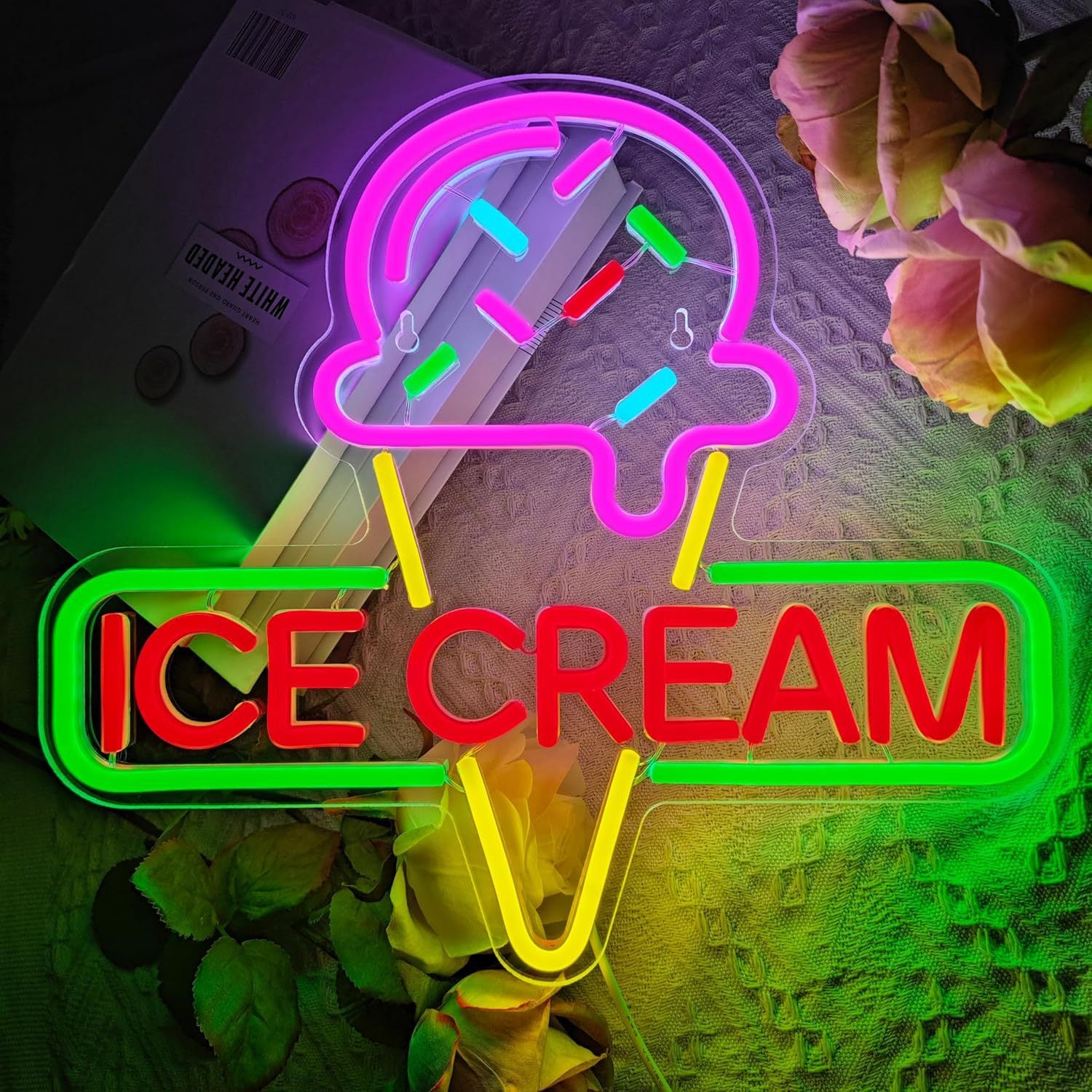 LED Neon Ice Cream Sign By USB - Adjustable Brightness with ON/Off Switch , Wall Decor LED Sign for Shopping malls, Supermarkets, Cold Drink Shops, etc.,37cm/14.6"x 33cm/13"