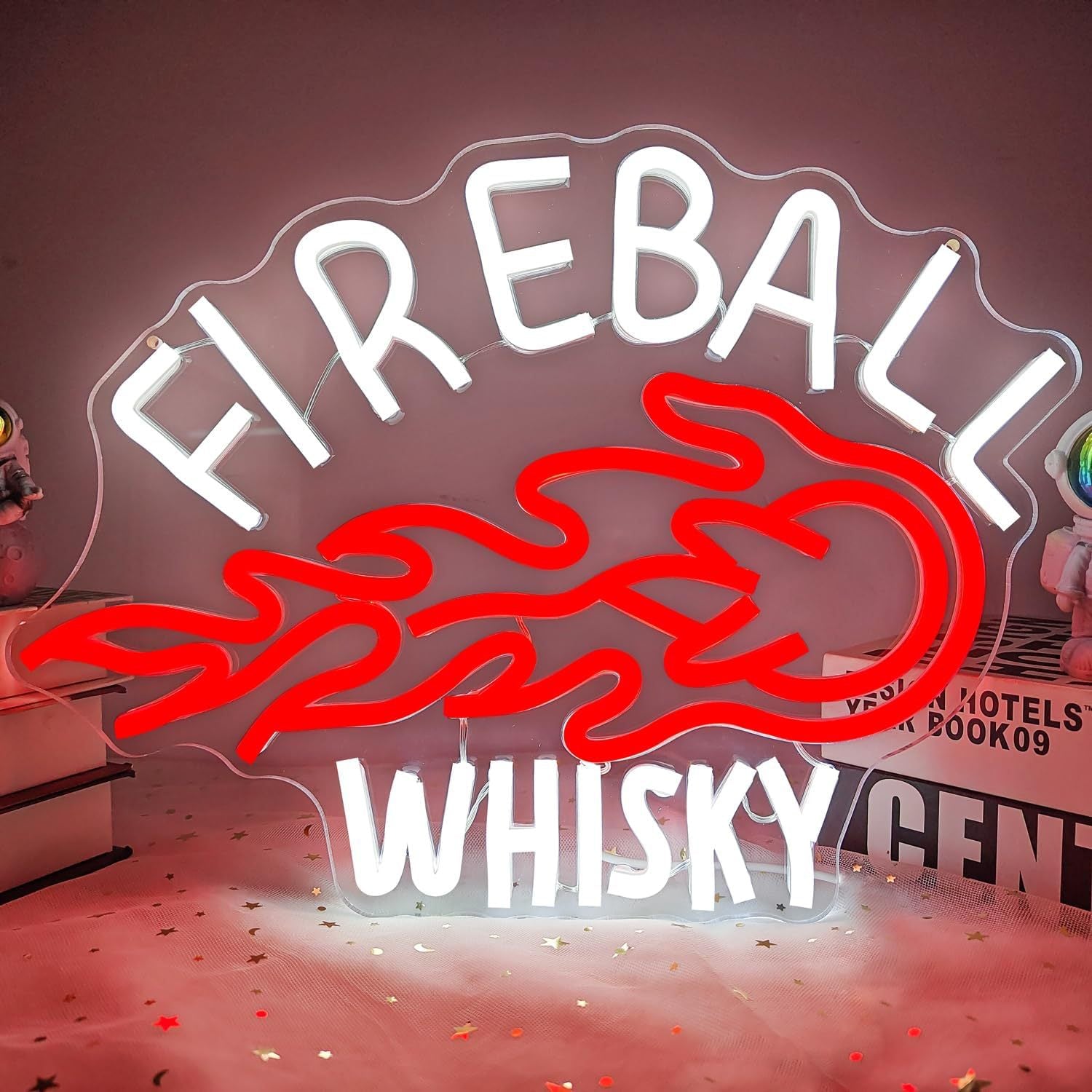 LED Neon Fire Ball Whiskey Sign By USB - Adjustable Brightness With ON/Off Switch , Wall Decor LED Sign for Bar Decoration.38cm/15"x 28cm/11"
