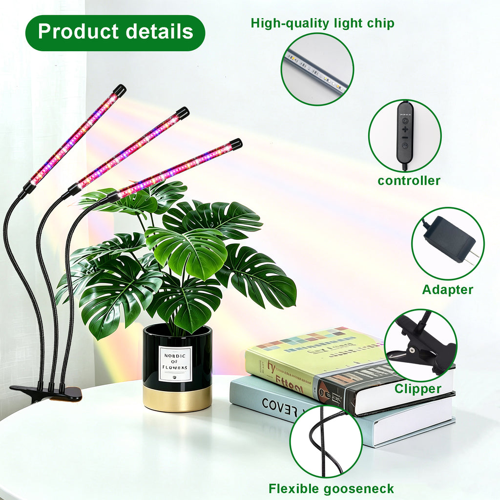 Full Spectrum LED Grow Light with Clip, 40 LED Plant Grow Lamp with 10 Brightness Levels, 3H/6H/12H Auto Timer, 360° Flexible Gooseneck, 12V DC Indoor Growing Light for Herbs, Succulents, Seedlings & Houseplants