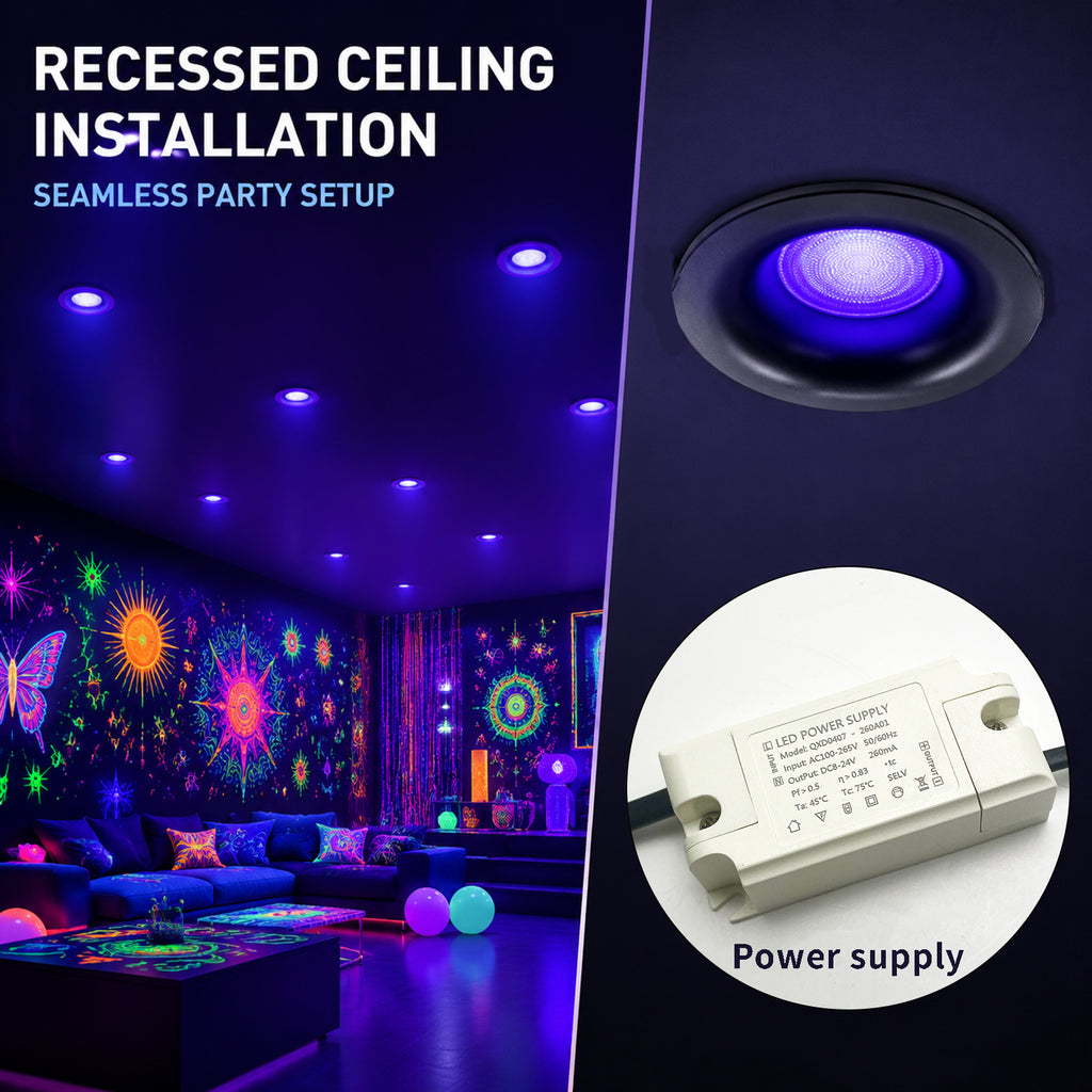 395nm UV Black Light Recessed Downlight, 3 Inch Flush Mount UV LED Ceiling Light, 3W 110V Blacklight, Aluminum Housing, Safe Long Wave UV Light for Glow Party, Fluorescent Posters, Halloween Decor, 4 Pack
