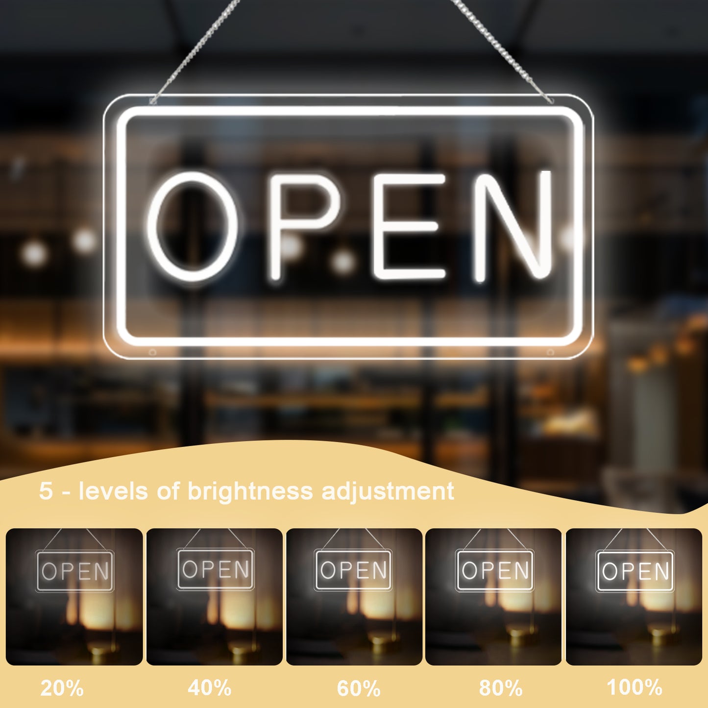 LED Open Sign for Business, USB Powered, Adjustable Brightness,  Cool White, 42x22.5cm, for Stores, Cafes, Bars, Hotels, Window Display