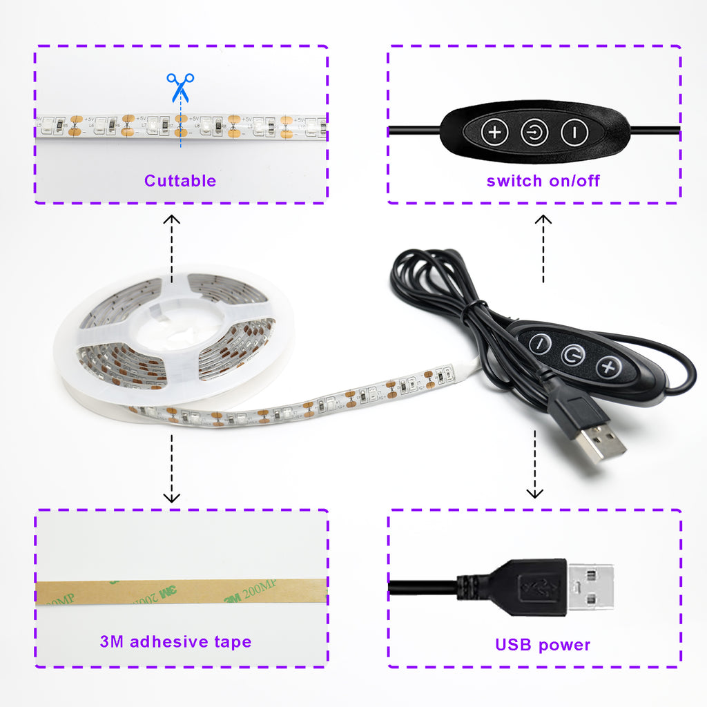 395nm UV LED Light Strip 6.6FT (2M), USB 5V 2A Black Light Strip, 60 LEDs/M, IP65 Waterproof, 5-Level Dimmable UV Strip Lights for Glow Party, Fluorescent Posters, Halloween Decorations