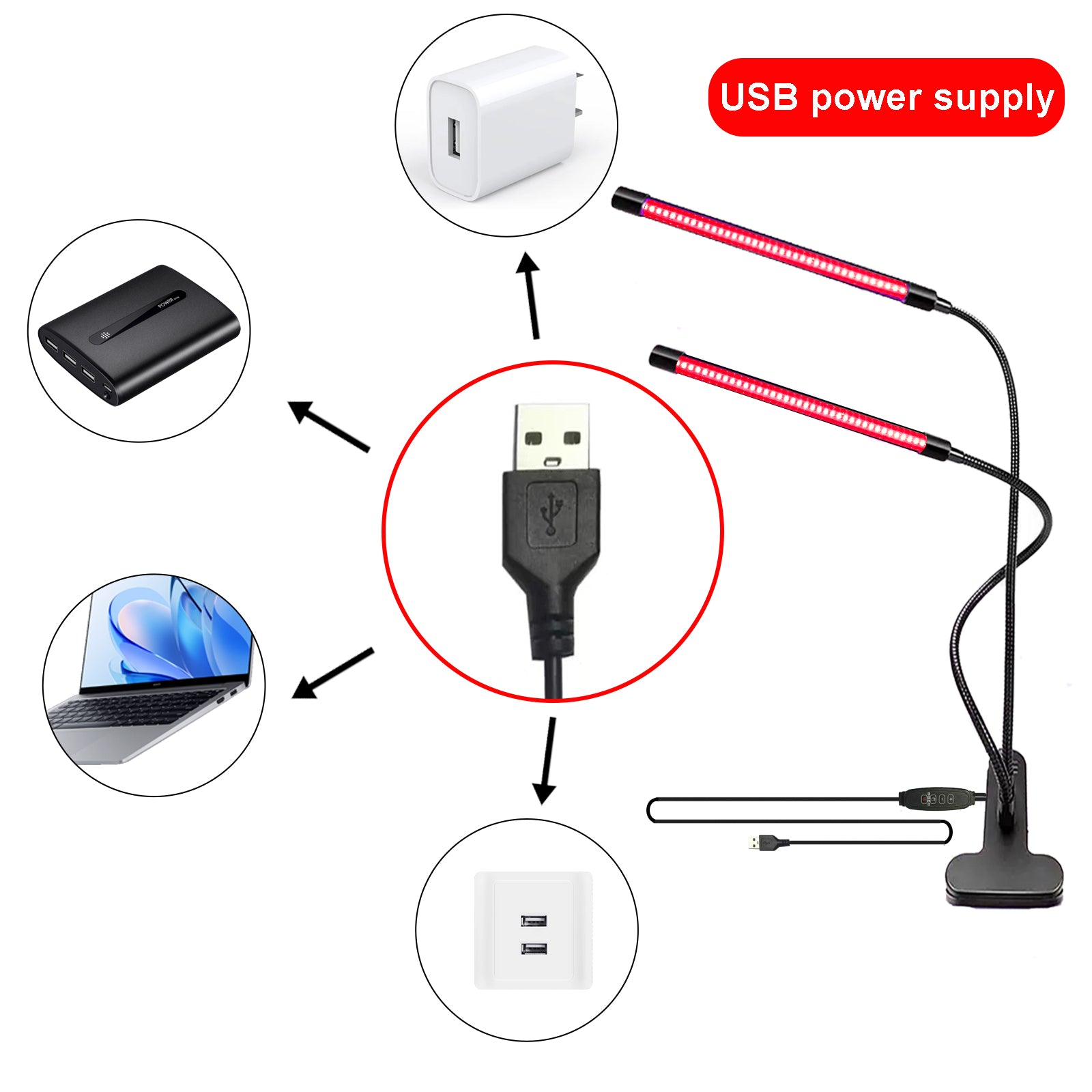 660nm Red Light Clip Lamp, LED Red Light for Face & Skin Care, Adjustable Gooseneck Clip-On Light, Hands-Free, Portable Home Use