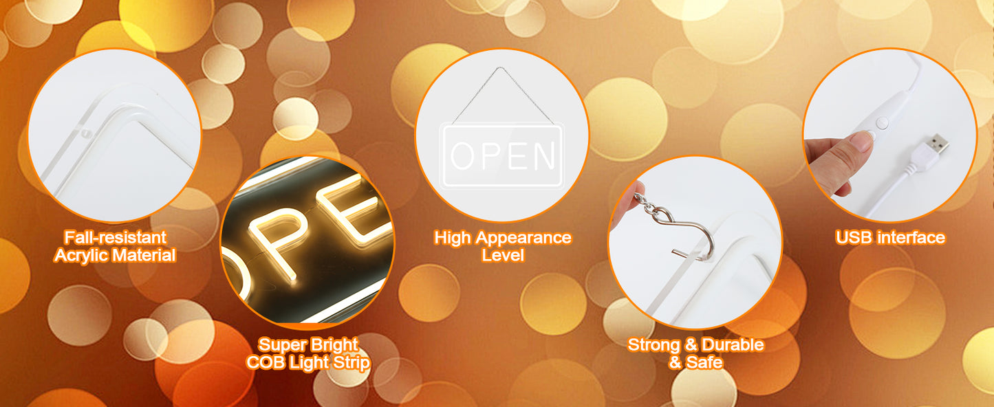 LED Open Signs for Business by USB ，Adjustable Brightness Open Signs with ON/OFF Switch for Stores, Coffee Shop,Flower shop, Hotel,Bars, Window etc,16x9in,Warm White(Outside Edge Cool White)