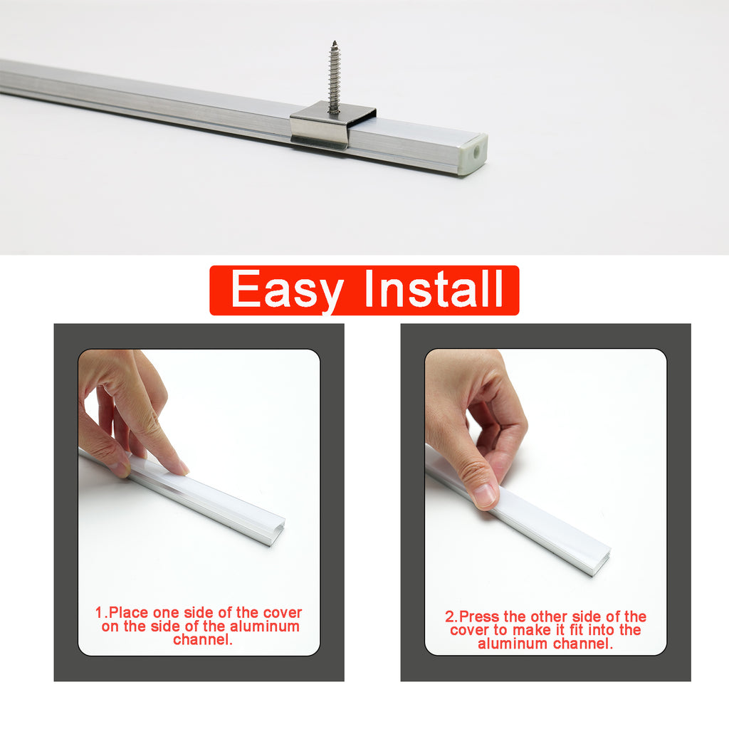 10 Pack LED Aluminum Channel System 6.6FT/2M U Shape LED Strip Channel with Milky White Diffuser Cover, Silver Aluminum Profile Housing, End Caps & Mounting Clips, Fits LED Strips up to 12.5mm Wide