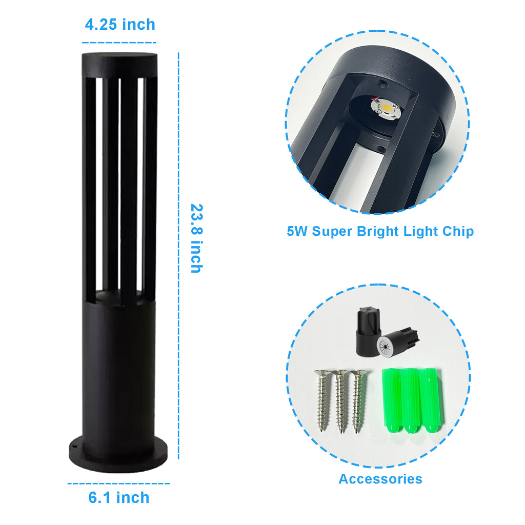 23.8 Inch Round LED Outdoor Bollard Light, 5W Modern Black Pathway Light, IP65 Waterproof Lawn & Garden Landscape Lighting for Yard, Patio, Walkway