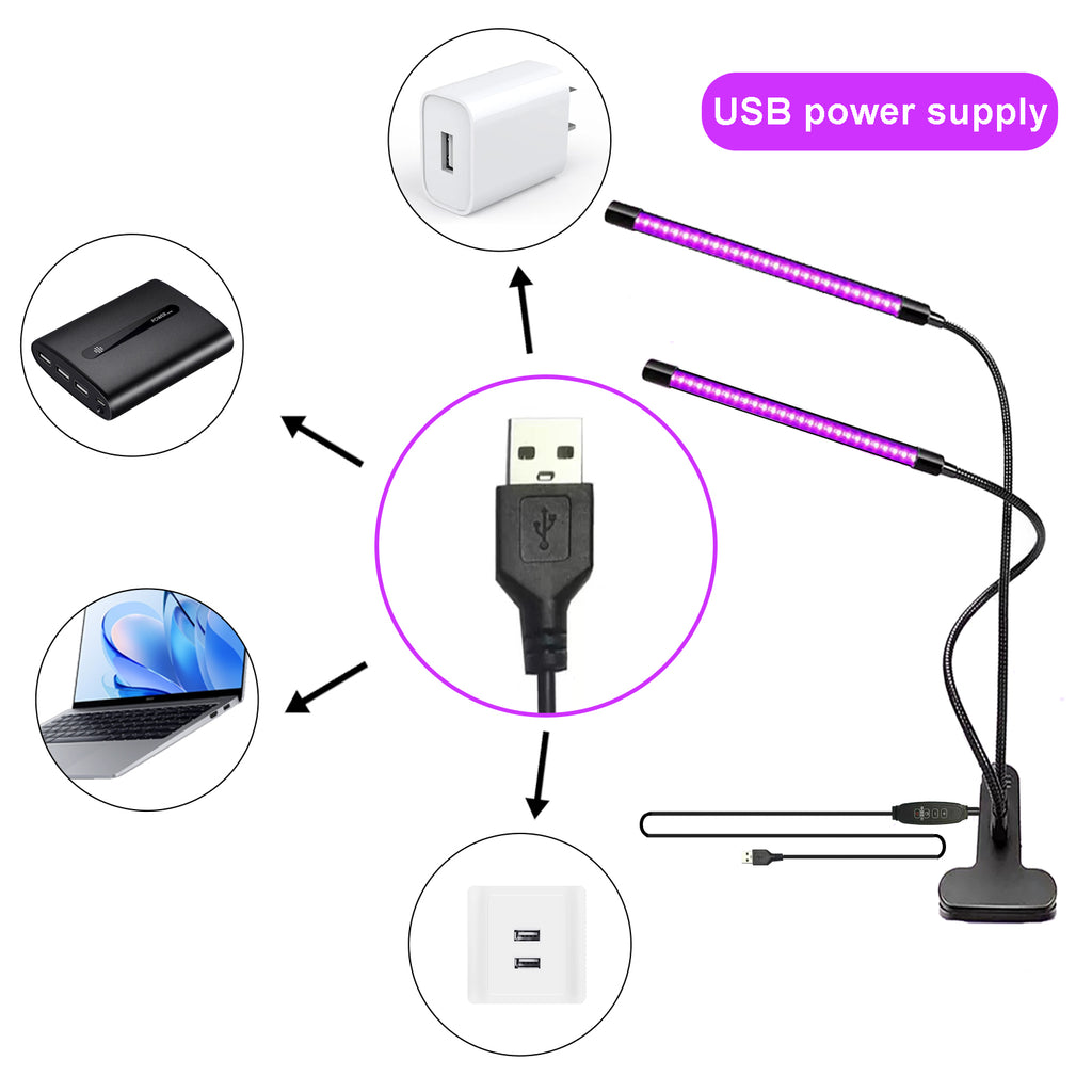 395–400nm UV Black LED Light , Dual Head Clip On UV Light with 10-Level Dimmable Brightness & 4 Timer Modes, USB Powered UV Lamp for Resin, UV Glue, Gel Nail Polish, Fluorescent Paint Party