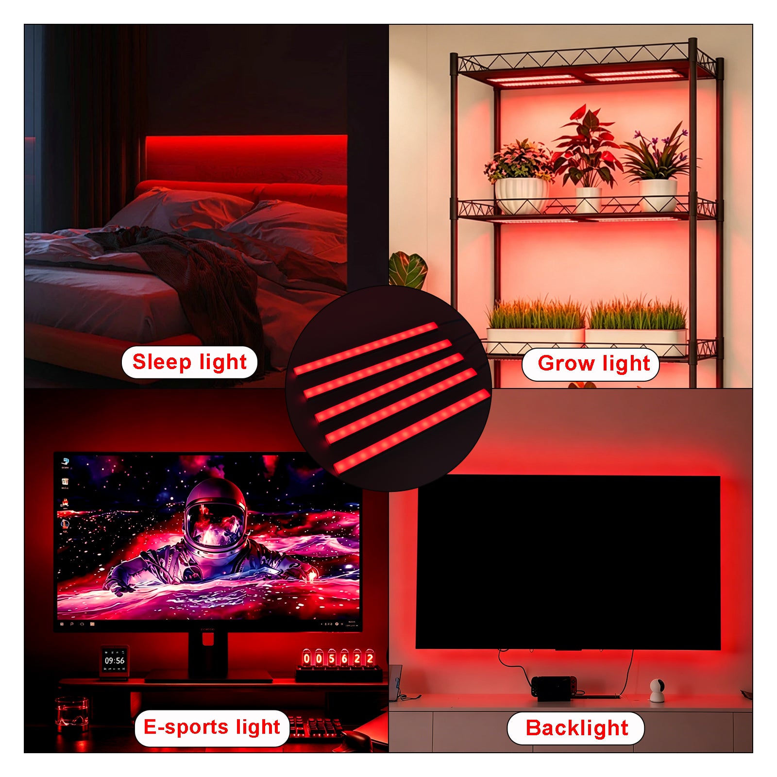 660nm Red LED Light Bar 5 Pack, 10 Inch DC12V Red Light Strip Kit with 5-Way Power Splitter, Self-Adhesive Red Grow Light for Indoor Plants, Cabinet, Shelf, Display & Ambient Lighting