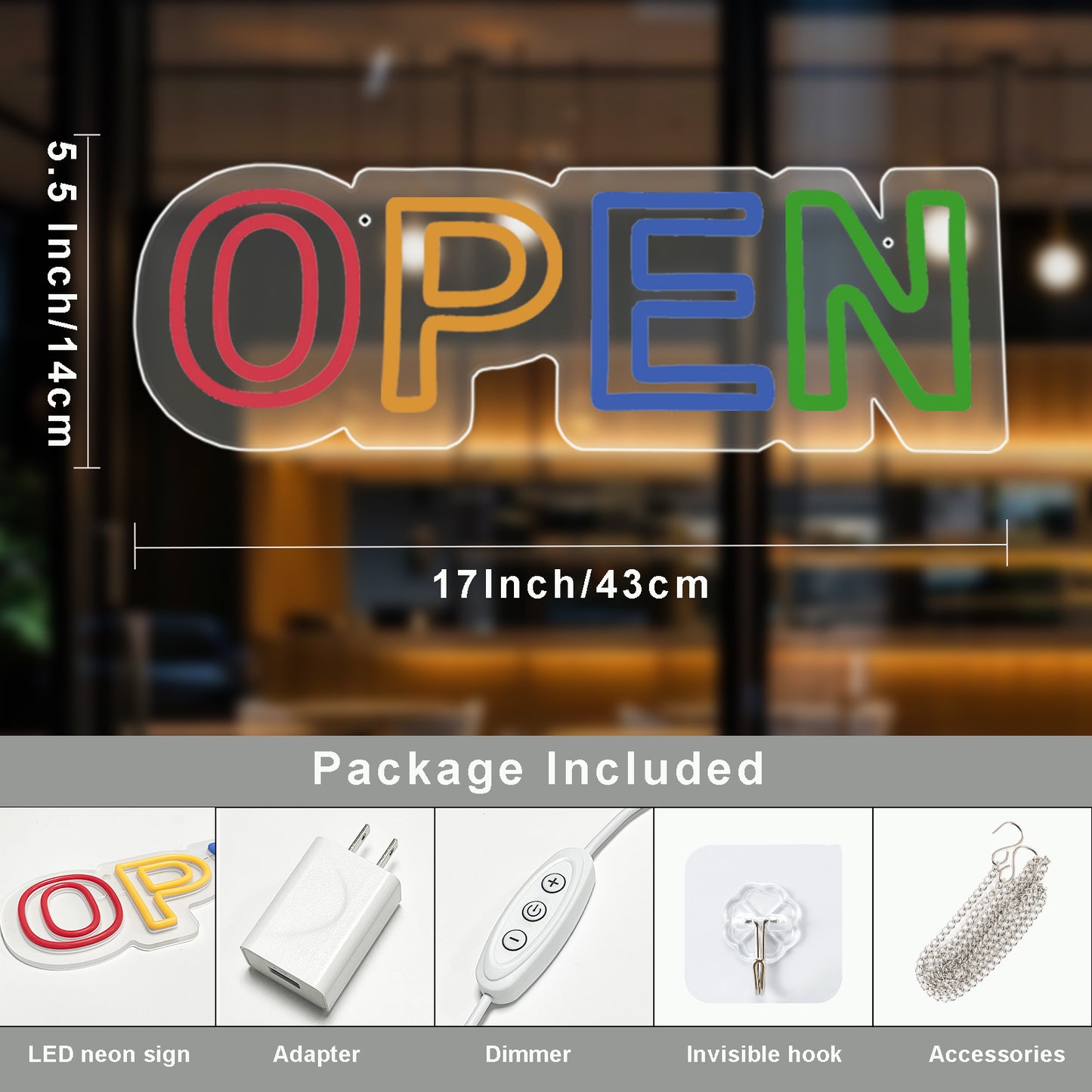Bright Open Sign for Business, Dimmable Open Neon Signs by USB Power supply , High Visibility Advertisement OPEN Neon Sign with ON/OFF Switch for Window, Door, Store, Bar, Salon, Restaurant