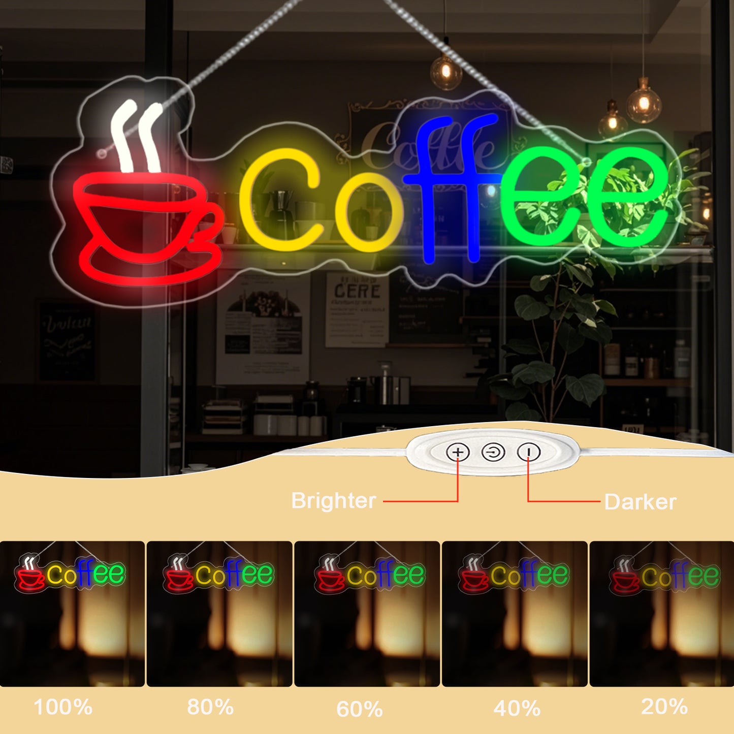Coffee LED Neon Sign By USB - Adjustable Brightness with ON/Off Switch , Wall Decor LED Sign for Café Shops, Restaurants & Food Trucks
