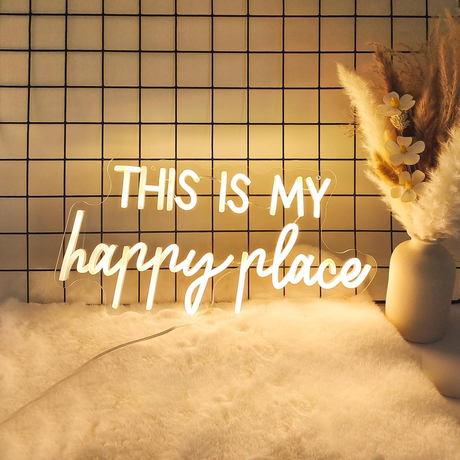Monochrome neon happy place sign with switch and USB interface, Suitable for Home, playground, etc,40cm/15.75"*22cm/8.66”